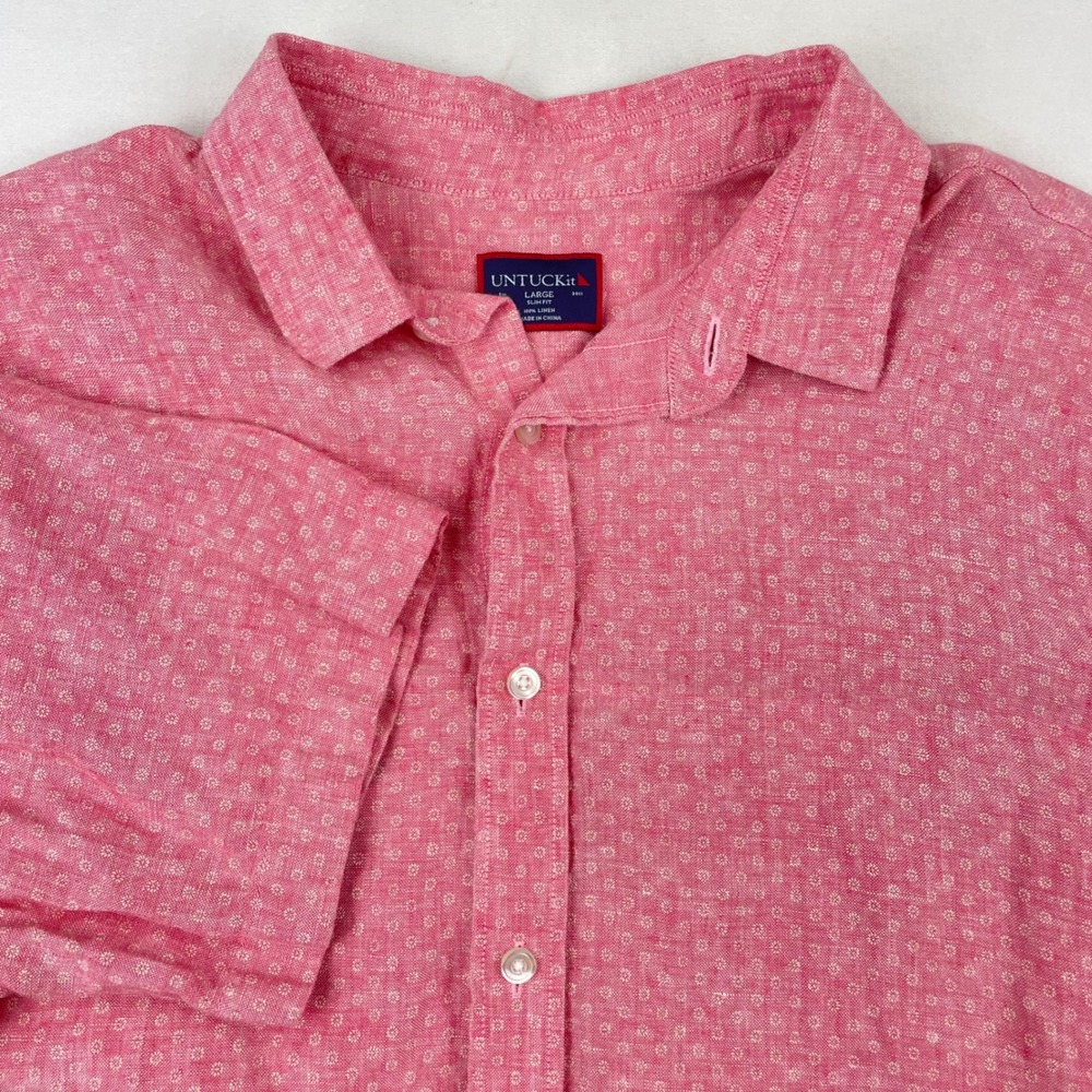 UNTUCKit Men Large Slim Fit 100% Linen Short Sleeve Button Down Shirt Pink Print
